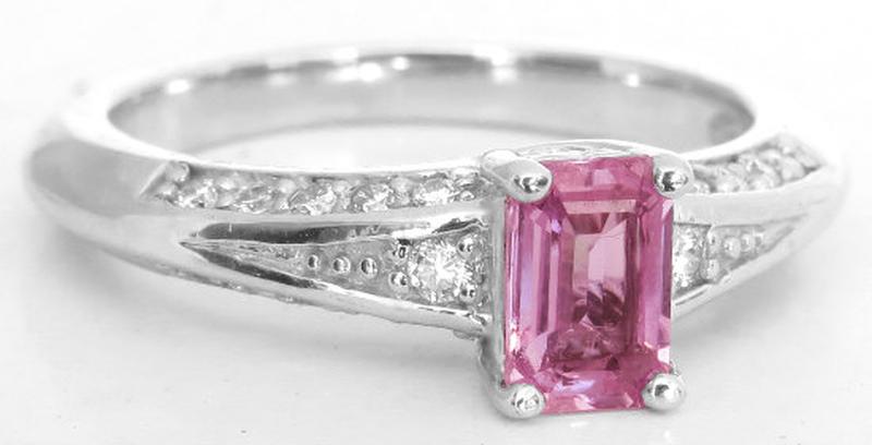 Natural Pink Sapphire in an Emerald Cut Setin in a Diamond Accented Simple Ring in 14k white gold