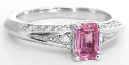 Natural Pink Sapphire in an Emerald Cut Setin in a Diamond Accented Simple Ring in 14k white gold