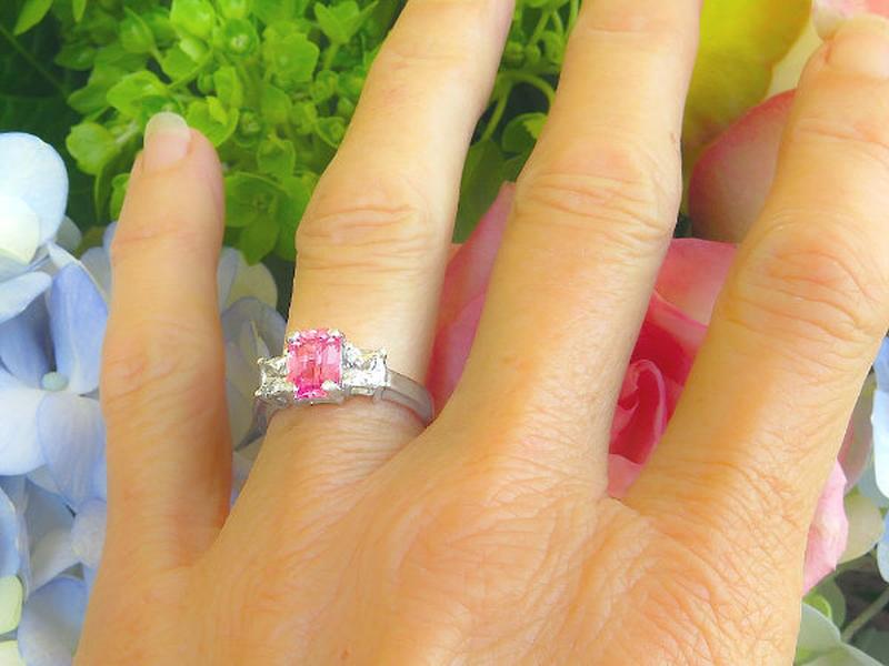 Radiant cut natural pink sapphire and pricess cut natural white sapphire three stone ring in solid platinum for sale