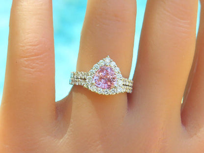 Natural Pink Sapphire Engagement Set- trillion sapphire with diamond halo in white gold