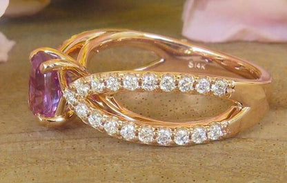 Natural Oval Magenta Sapphire and Split Shank Diamond Ring in 14k rose gold