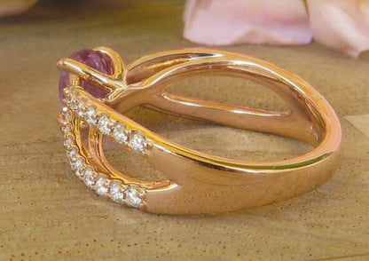 Back View of Oval Natural Magenta Sapphire Ring with Split Shank Diamond Ring in 14k rose gold