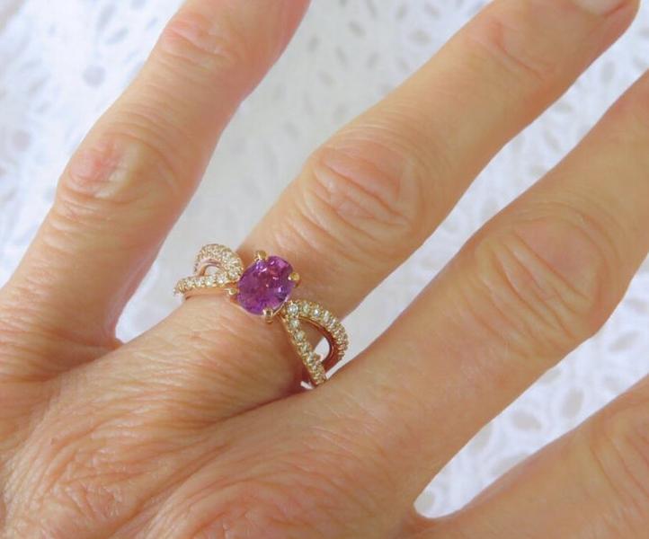 Natural Magenta Magenta Sapphire Ring with Split Shank Diamond Setting in 14k Rose Gold