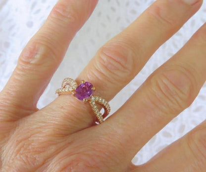 Natural Magenta Magenta Sapphire Ring with Split Shank Diamond Setting in 14k Rose Gold