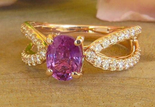 1.86 ctw Oval Magenta Sapphire and Split Shank Diamond Ring in 14k rose gold