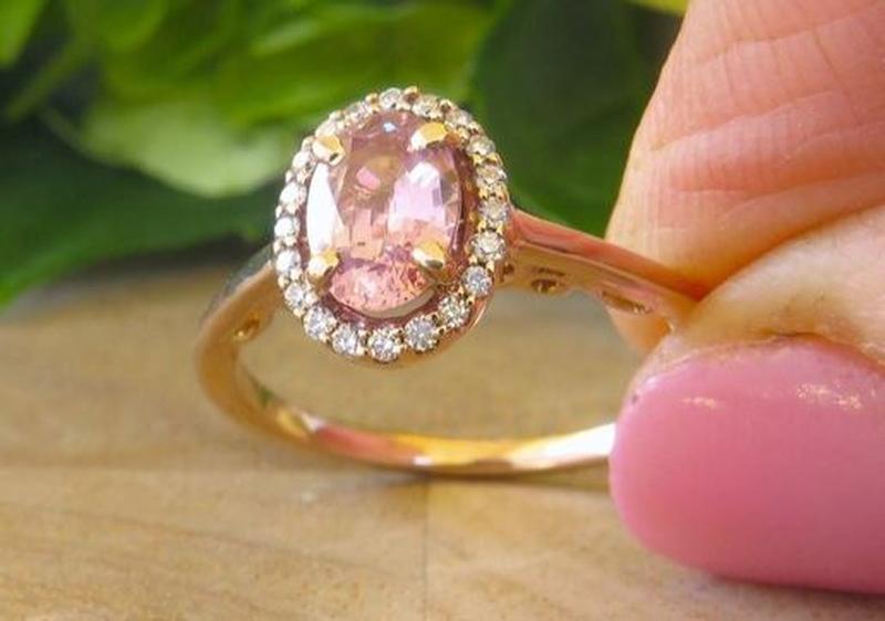 Natural Pink Sapphire Diamond Halo Ring - Ceylon rosy pink sapphire set in 14k rose gold