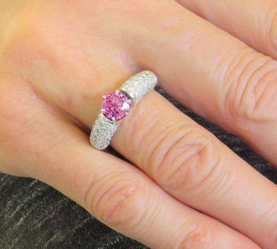 Round Natural Pink Sapphire Ring with Pave Diamond Band