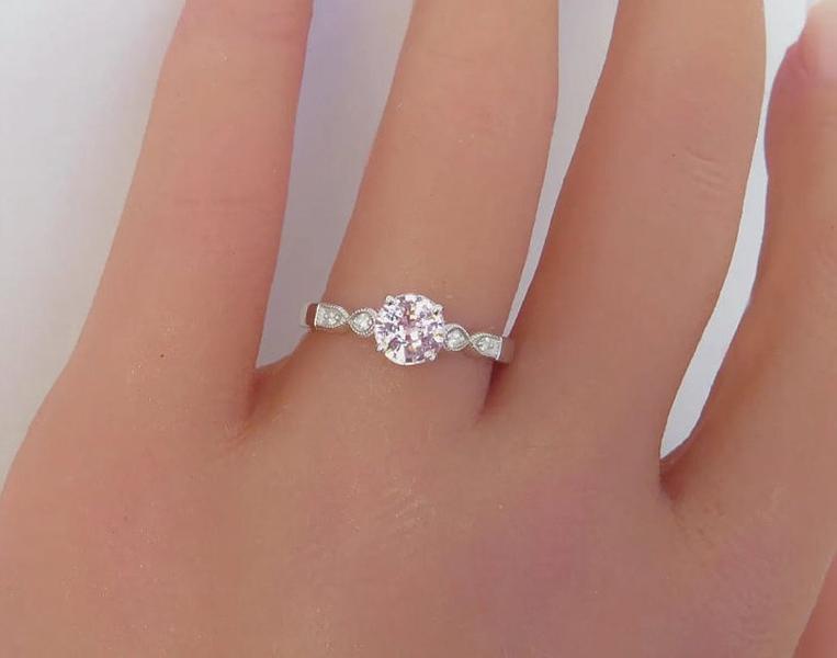 natural pink sapphire solitaire ring with milgrain diamond setting