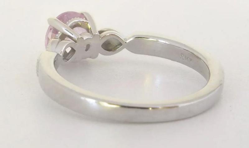delicate pale pink sapphire and diamond ring in 14k white gold