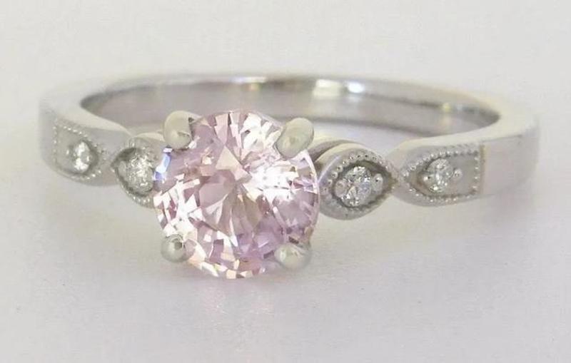 delicate pale pink sapphire and diamond ring in 14k white gold