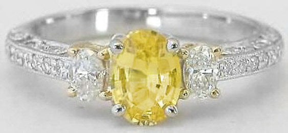 Platinum Oval Natural Yellow Sapphire and Diamond Three Stone Engagement Ring- Vintage Styling