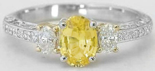 Platinum Oval Natural Yellow Sapphire and Diamond Three Stone Engagement Ring- Vintage Styling