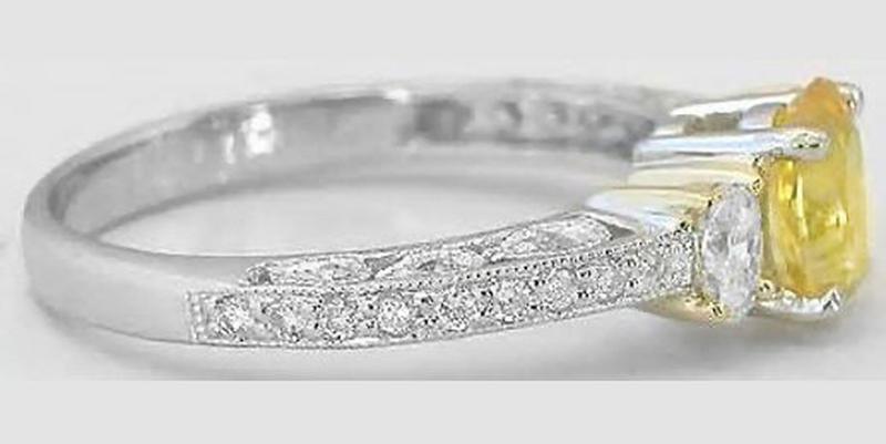 Platinum Oval Natural Yellow Sapphire and Diamond Three Stone Engagement Ring- Antique Design