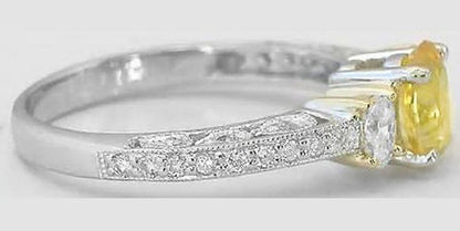 Platinum Oval Natural Yellow Sapphire and Diamond Three Stone Engagement Ring- Antique Design