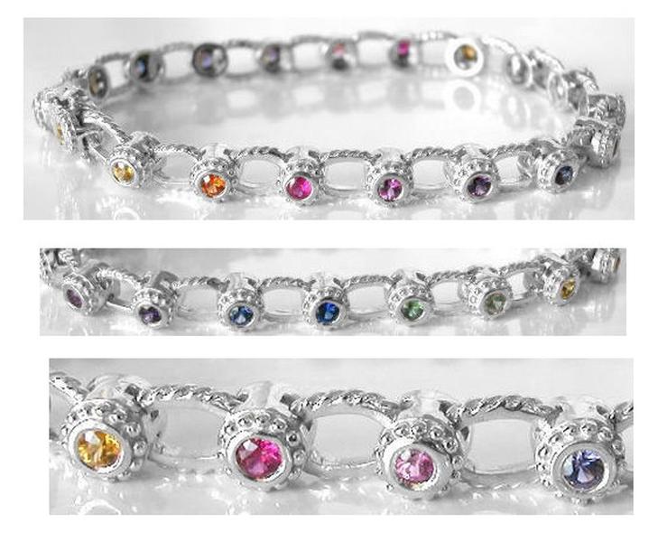 Bezel set natural round rainbow sapphire LGBT bracelet in solid 14k white gold. 7 inch.