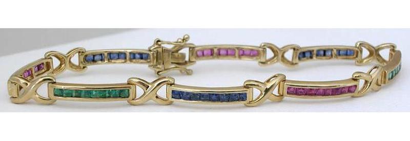 3.0 ctw Sapphire, Ruby Emerald Bracelet with X Links in 14k yellow gold - 7 inches