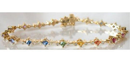 Natural Princess Cut Rainbow Sapphire and Real Diamond Bracelet in solid 14k yellow gold for sale