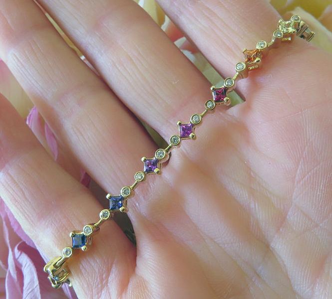 Natural Rainbow Sapphire Bracelet with alternating princess cut sapphires and real diamonds in solid 14k yellow gold