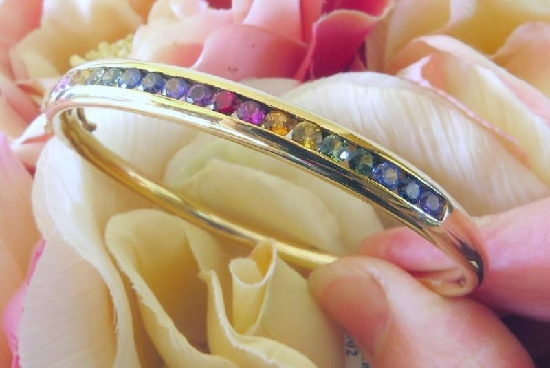 Channel Set Real Rainbow Sapphire Bangle Bracelet in solid 14k yellow gold for sale