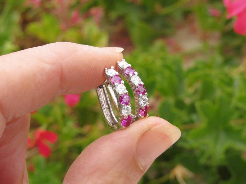 Alternating Round Natural Pink Sapphire and Real Diamond Earrings in solid 14k white gold