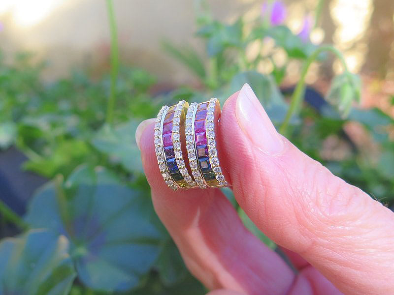 Natural Princess Cut Rainbow Sapphire and Diamond Earrings in 14k gold