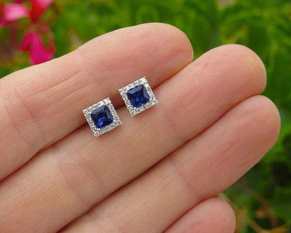 Real Sapphire Stud Earrings with Diamond Halo in 14k white gold. 4mm Princess Cut Studs