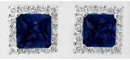 Princess Cut Real Blue Sapphire Earrings with a Diamond Halo in 14k white gold