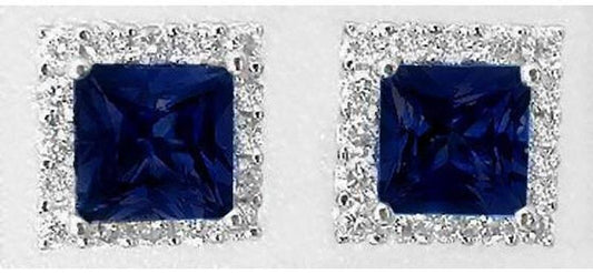 Princess Cut Real Blue Sapphire Earrings with a Diamond Halo in 14k white gold