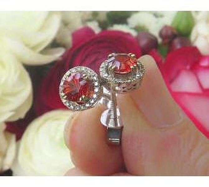 Natural Red Orange Sapphire Stud Earrings with a real diamond halo set in solid 14k white gold