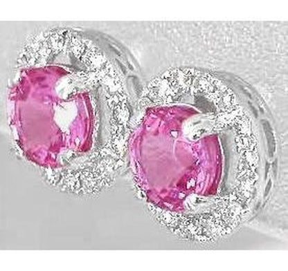 Round Real Pink Sapphire Studs with Diamond Halo in 14k white gold