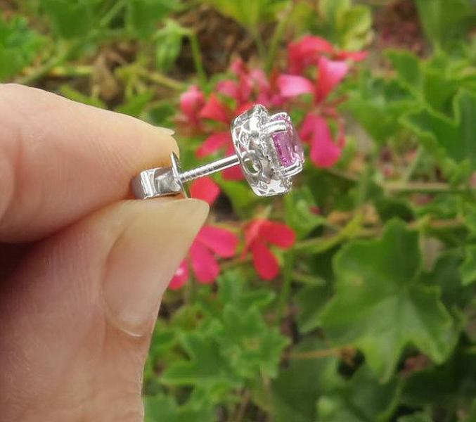 Real Pink Sapphire Studs with Diamond Halo in 14k white gold. 5.5 mm round studs