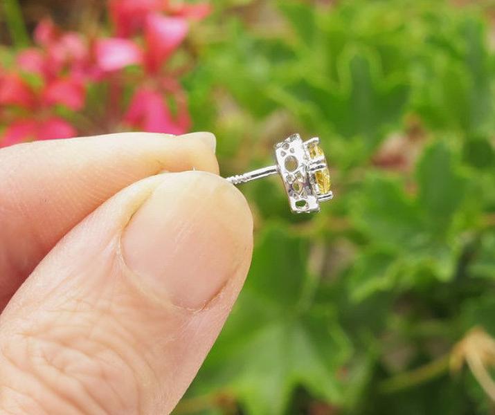 14k white gold Round Yellow Sapphire Stud Earrings with Diamond Halo