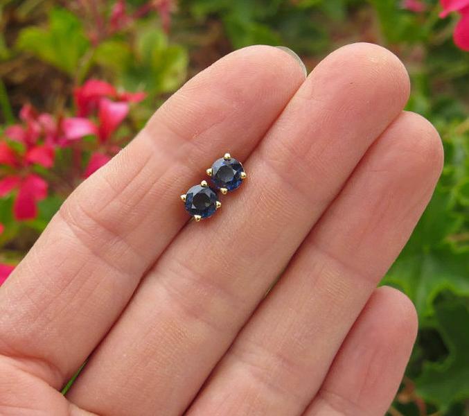 Dark Blue Natural Sapphire Stud Earrings in 14k white gold
