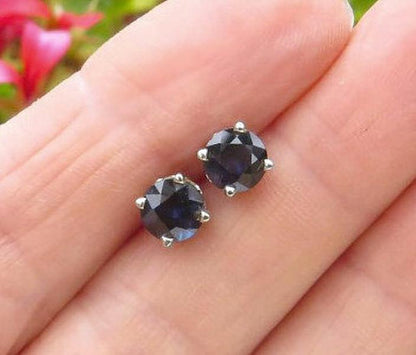 Real Dark Blue Sapphire Stud Earrings in 14k white gold