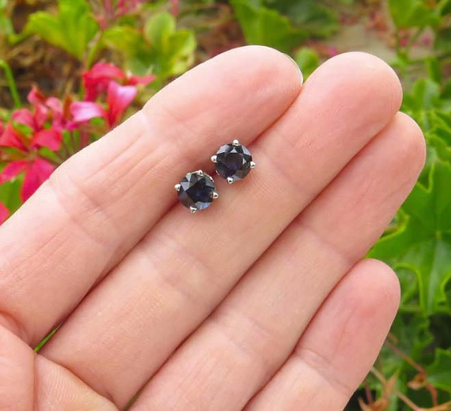 6mm round Dark Blue Sapphire Stud Earrings in 14k white gold