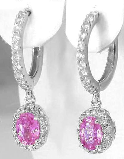 Halo set oval cut natural pink sapphire ring in 14k white gold