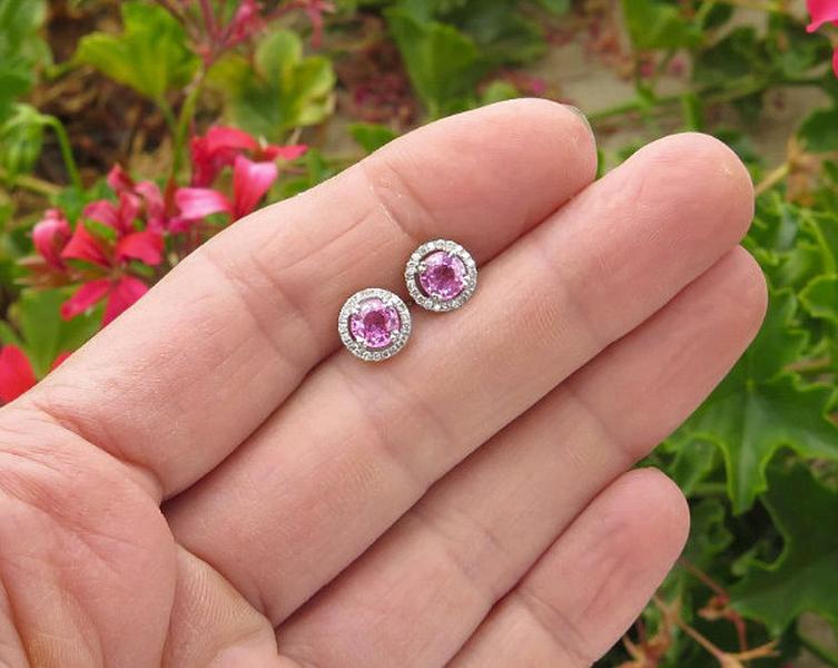 5mm Round Natural Pink Sapphire Stud Earring with Diamond Halo in 14k white gold