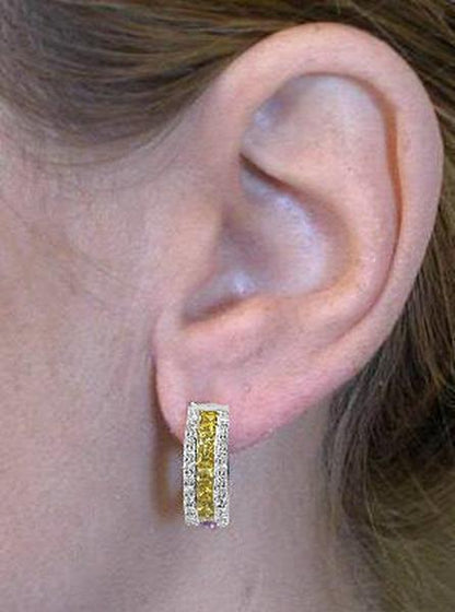 2.53 ctw Princess Cut Yellow Sapphire & Diamond Hoop Earrings in 14k white gold