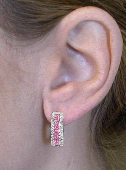 2.53 ctw Princess Cut Pink Sapphire & Diamond Hoop Earrings in 14k white gold