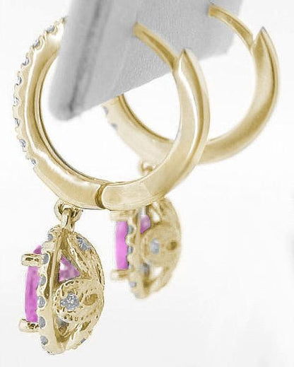 Oval Diamond Hoop Earrings with Pink Sapphire and Diamond Halo Drop in 14k yellow gold