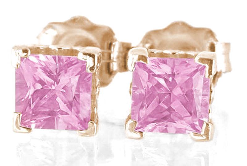 Pink Sapphire Stud Earrings - Rose Gold- Princess Cut