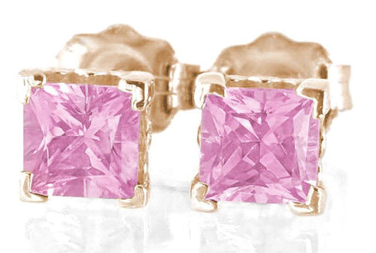 Pink Sapphire Stud Earrings - Rose Gold- Princess Cut