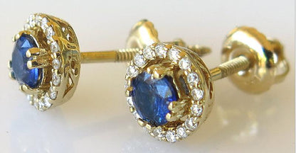Petite 0.70 ctw Ceylon Blue Sapphire and Diamond Earrings in 14k yellow gold with Screw Back Closure