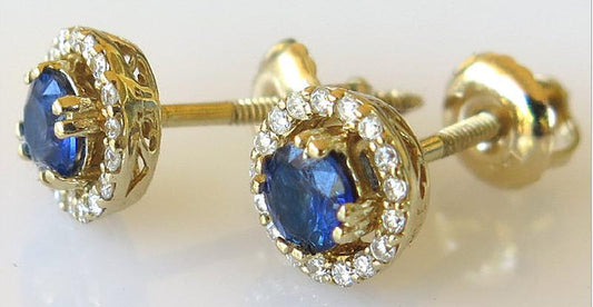 Petite 0.70 ctw Ceylon Blue Sapphire and Diamond Earrings in 14k yellow gold with Screw Back Closure