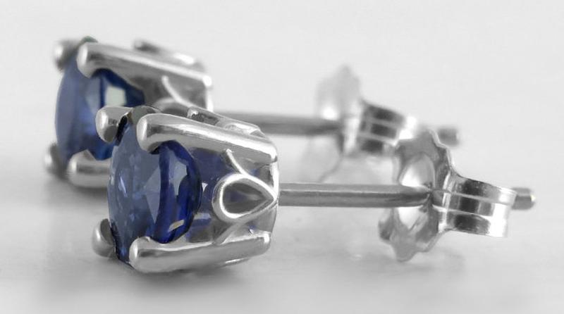 Natural Round Sapphire Solitaire Earrings in 14k white gold. Royal Blue