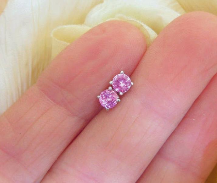 4mm Round Ceylon Natural Pink Sapphire Stud Earrings in solid 14k white gold for sale