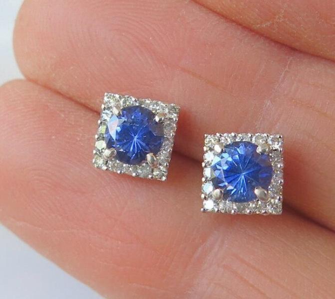 5mm Round Natural Sapphire and Diamond Earrings in 14k white gold