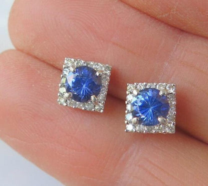 5mm Round Natural Sapphire and Diamond Earrings in 14k white gold