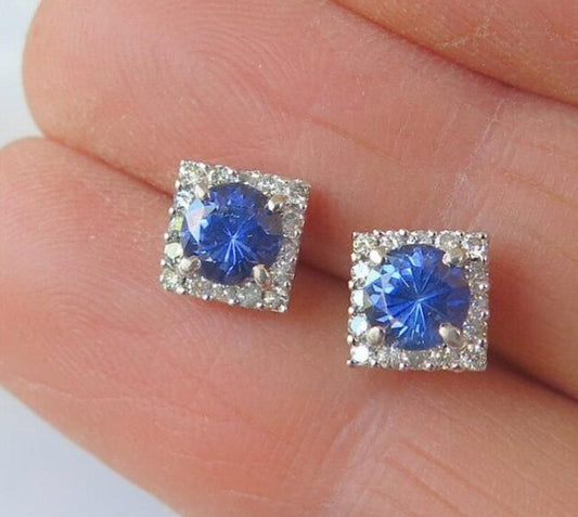 5mm Round Natural Sapphire and Diamond Earrings in 14k white gold