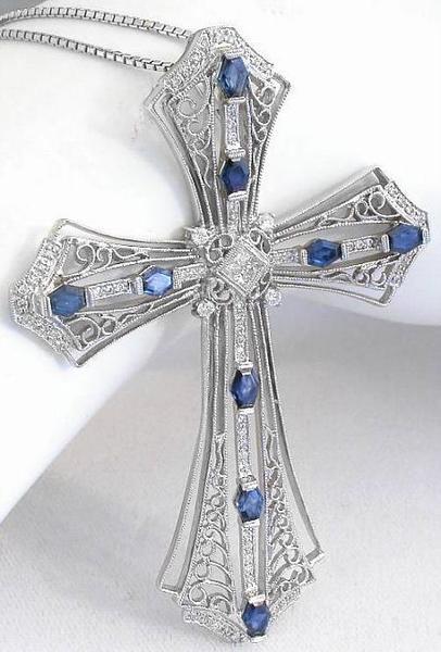 Large Vintage Styled Natural Sapphire and Diamond Filigree Cross in 18k white gold